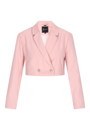 Gekürzter pinkfarbener Blazer mit langen Ärmeln, geknöpftem Revers, doppelt geknöpfter Front und glänzenden Knopfakzenten. Hergestellt aus glattem Stoff.