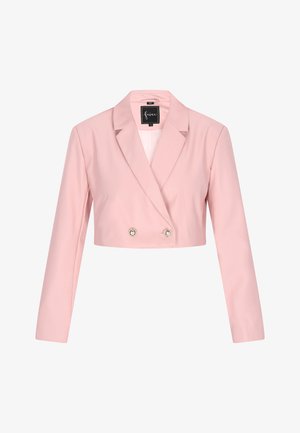 Skraťený ružový blazer s dlhými rukávmi, klopovým golierom, dvojradovým zapínaním a lesklými gombíkovými detailmi. Vyrobený z hladkej látky.