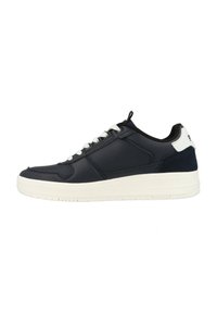 Baskets en cuir bleu marine avec semelle en caoutchouc blanche. Caractéristiques d'une finition lisse, d'une pointe ronde et d'un onglet de talon contrastant avec le logo de la marque. Design à lacets.