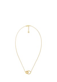 Collana d'oro con una delicata catena e due anelli intrecciati; un anello è decorato con pietre preziose trasparenti per un tocco di eleganza.