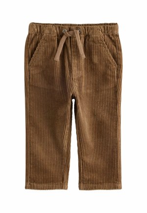 Brown corduroy pants for children with elastic waistband, drawstring, and front pockets.