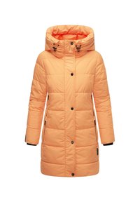 Padded orange parka jacket with a high collar, adjustable hood, snap buttons, and side pockets. Textured quilted design.