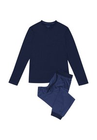 Granatowa bluzka z długim rękawem i dekoltem w serek w połączeniu z pasującymi teksturowanymi spodniami. Gładki materiał z elastycznym pasem i mankietami na kostkach.