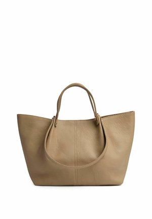 Beige leather tote bag with a textured surface, two rounded top handles, and an open top. The design features a wide, spacious silhouette.