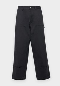 Black wide-leg trousers in denim fabric with large front pockets, straight cut, and contrast stitching. Features a metal button closure.