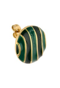 Grønstribet vedhæng med en blank overflade, gyldne accenter, oval form, der har et svajende mønster og en sikker låseanordning.