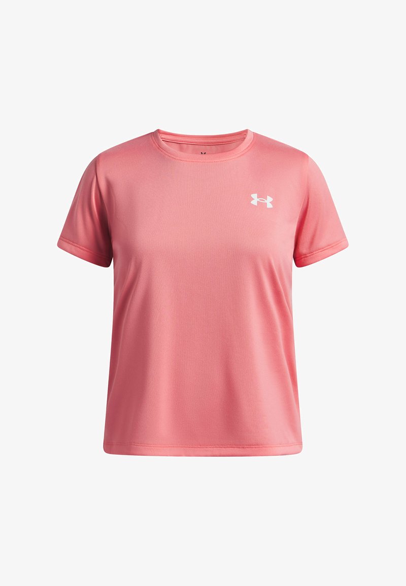 T-shirt de sport à manches courtes de couleur corail clair, fabriqué en tissu lisse et respirant. Présente un logo blanc sur la partie gauche de la poitrine.