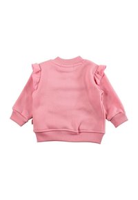 Sweat-shirt rose pour enfants avec des volants sur les manches, un col et des poignets côtelés, une texture douce et une coupe décontractée.