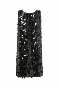 Crna haljina bez rukava prekrivena okruglim šljokicama, sa okruglim izrezom i ravnim siluetom, koja dodaje refleksnu teksturu i sjaj.