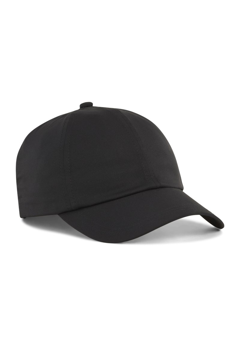 Căciulă de baseball neagră realizată dintr-un material neted, cu o margine curbată, design cu șase panouri și un buton în vârf. Fără logo-uri sau modele vizibile.