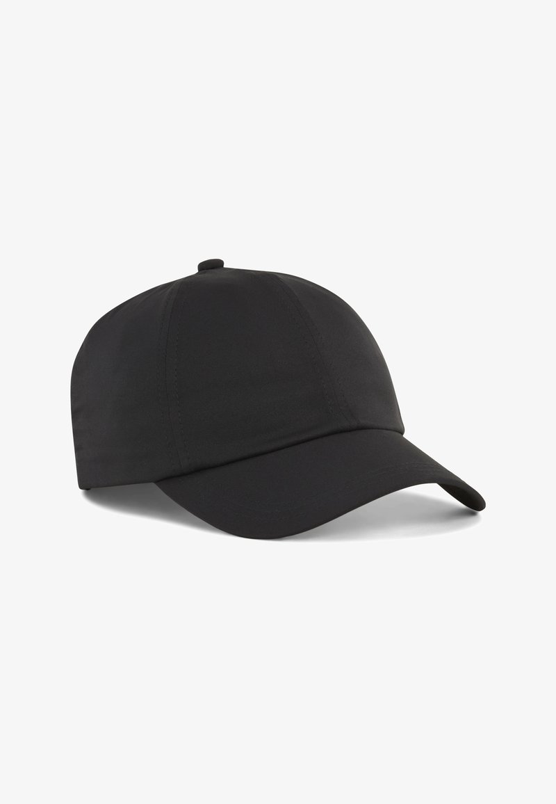 Musta baseball-lippalakki, joka on valmistettu sileästä kankaasta. Siinä on kaareva lippa, kuusi-paneelin muotoilu ja nappi ylhäällä. Ei näkyviä logoja tai kuvioita.