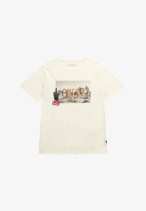 Weißes Baumwoll-T-Shirt mit einem Grafikdruck, der das Wort "GUESS", Kakteen und Blumen in einer Wüstenlandschaft zeigt. Mit kurzen Ärmeln und Rundhalsausschnitt.