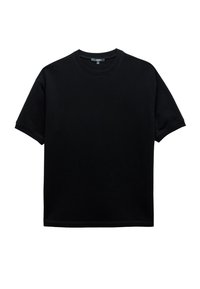 Zwarte short-sleeve t-shirt gemaakt van zachte stof. Heeft een ronde halslijn en een normale pasvorm met ribbeldetails op de mouwen en onderkant.