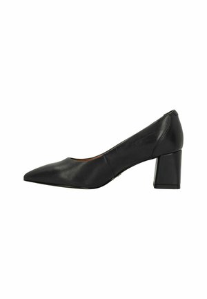 Black leather high-heel pump with a pointed toe and a block heel. Smooth texture with minimal accents, designed for formal wear.