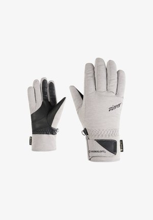 Gray gloves with black leather accents, featuring textured fingertips, a stitched design, and a drawstring cuff for adjustable fit.