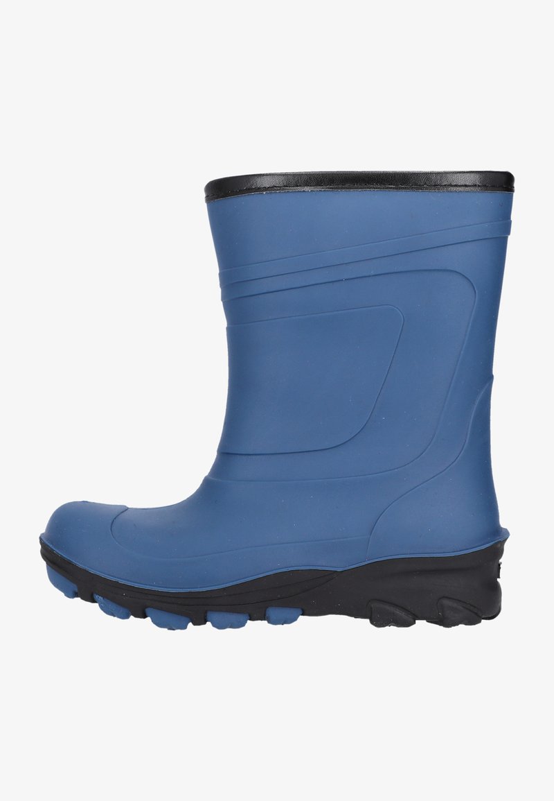 Botte en caoutchouc bleue avec une surface texturée, un bout arrondi et une semelle noire. Présente des lignes courbes et un design supérieur lisse pour un enfilage facile.