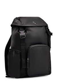 Black nylon backpack with a flap top, adjustable straps, front zip pocket, and side pouch. Features logo accents and sleek design.