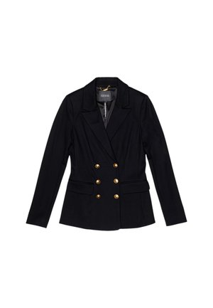 Blazer nero doppiopetto con sei bottoni dorati, rever a lancia, tasche a pattina e maniche lunghe, con il marchio Guess all'interno del colletto.