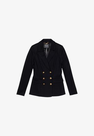 Blazer nero doppiopetto con sei bottoni dorati, rever a lancia, tasche a pattina e maniche lunghe, con il marchio Guess all'interno del colletto.