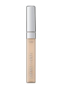 Correcteur Perfect Match de L’Oréal Paris dans un tube clair et fin avec un bouchon en argent brillant ; produit de couleur crème visible à l'intérieur.