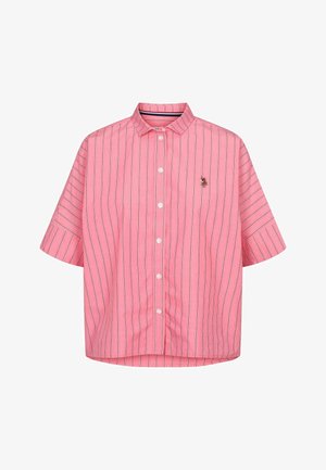 Chemise à manches courtes rose avec des rayures verticales, dotée d'un col et d'un petit détail brodé sur la poitrine gauche.