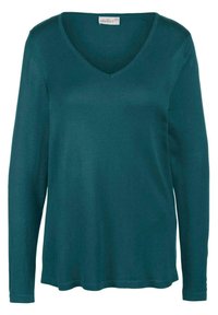 Teal, langärmeliger V-Ausschnitt-Pullover aus geripptem Strickstoff. Verfügt über einen lässigen Schnitt und subtile Details an den Ärmeln.