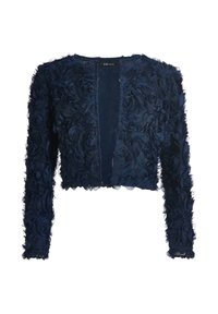 Veste courte bleu marine à manches longues, ornée d'appliqués floraux texturés sur toute la surface et d'un design ouvert à l'avant.
