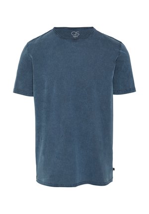 Heren T-shirt met korte mouwen in donkerblauw, gemaakt van zachte katoen met een ronde hals, voorzien van subtiele textuur en een standaard zoom.