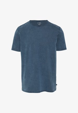 T-shirt à manches courtes pour homme en bleu foncé, fabriqué en coton doux avec un col rond, présentant une texture subtile et un ourlet standard.
