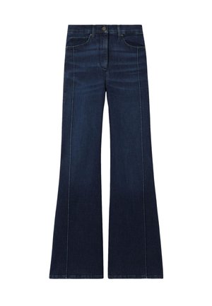 Jeans in denim blu scuro con vita alta, bottone e cerniera anteriori, gambe dritte e larghe, e tasche davanti e dietro.