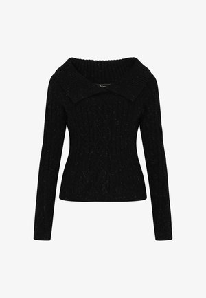 Suéter negro de canalé con un amplio cuello doblado y mangas largas. Presenta un patrón texturizado con variaciones sutiles en la tela.