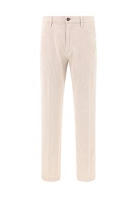 Beige manžestrové kalhoty se rovný střihem. Mají přední zapínání na knoflík, poutka na opasek a jemné vertikální pruhy.