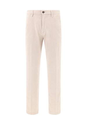 Pantaloni in corduroy beige con vestibilità dritta. Presentano una chiusura frontale con bottone, passanti per la cintura e sottili righe verticali.