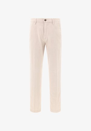 Beige corduroy broek met een rechte pasvorm. Voorzien van een sluiting met een frontknop, riemlussen en subtiele verticale strepen.