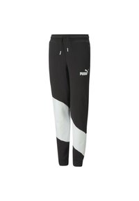 Schwarze Jogginghose mit einem weißen diagonalen Einsatz, elastischem Taillenbund und Kordelzug. Mit dem weißen Puma-Logo auf dem Oberschenkel.
