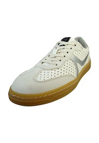 Weißer Sneaker mit perforierten Details, grauen Akzenten und einer Gummisohle. Mit weißen Schnürsenkeln und einem abgerundeten Zehendesign.