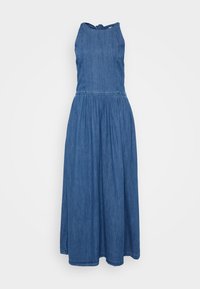 Jeans maxi-kjole med tettsittende liv og flagrende skjørt. Halterneck-design, mørkeblå farge, og elastisk liv som gir komfort.