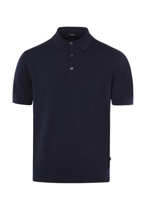 Marineblaues Poloshirt mit kurzen Ärmeln, drei Knöpfen und klassischem Kragen aus feinem Strickstoff.