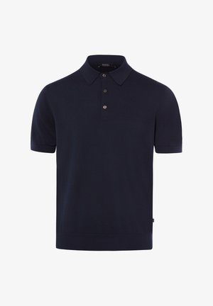 Marineblaues Poloshirt mit kurzen Ärmeln, drei Knöpfen und klassischem Kragen aus feinem Strickstoff.