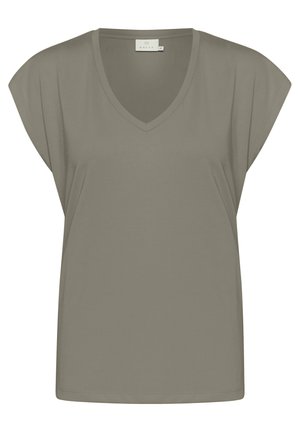 T-shirt à col en V de couleur vert olive, fabriqué en tissu doux. Dispose de manches courtes et larges avec une coupe décontractée. Design uni sans motifs ni accents.