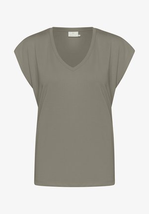 V-neck T-shirt in olive green, made of soft fabric. Features short, wide sleeves and a relaxed fit. Plain design without patterns or accents.