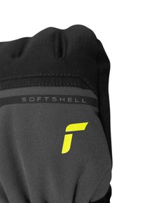 Schwarze Softshell-Handschuhe mit strukturiertem Finish, geradem Bündchen und einem leuchtend gelben stilisierten Logo. Minimalistisches Design mit grauen Akzentlinien.