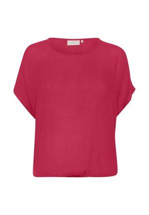 Hihaton, löysä ja lyhyttakkinen paita kirkkaan vaaleanpunaisena, valmistettu kevyestä, sileästä kankaasta. Siinä on pyöreä pääntie ja hieman poimutettu helma.