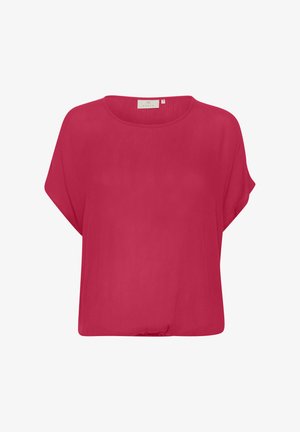 Hihaton, löysä ja lyhyttakkinen paita kirkkaan vaaleanpunaisena, valmistettu kevyestä, sileästä kankaasta. Siinä on pyöreä pääntie ja hieman poimutettu helma.