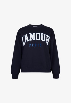 Marineblauwe crewneck sweatshirt met witte en lichtblauwe tekst "L'AMOUR PARIS." Heeft ribgebreide manchetten en zoom, zachte stofstructuur.