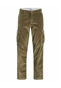 Corduroy cargo pants in olive green with a ribbed texture, featuring side pockets and a straight-leg cut.