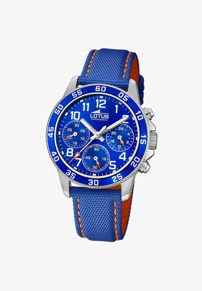 Montre chronographe bleue avec un boîtier en acier inoxydable, un cadran bleu, des accents contrastants blancs et orange, et un bracelet en tissu bleu durable.