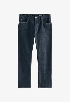 Dark blue straight-fit jeans, made of denim, featuring front pockets, a button closure, and visible stitching accents.