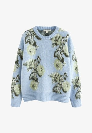 Hellblaues Sweatshirt mit floralem Muster in Grün und Creme. Weicher Stoff mit gerippten Bündchen und Saum, runder Ausschnitt, oversized Schnitt.