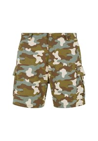 Cargo shorts i et camouflage mønster med grøn, brun, hvid og lyseblå nuancer, lavet af et tekstureret stof med sidelommer.